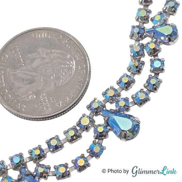 Vintage B David Scalloped Blue AB Rhinestone Mid Century Silver Tone Necklace - Picture 6 of 13